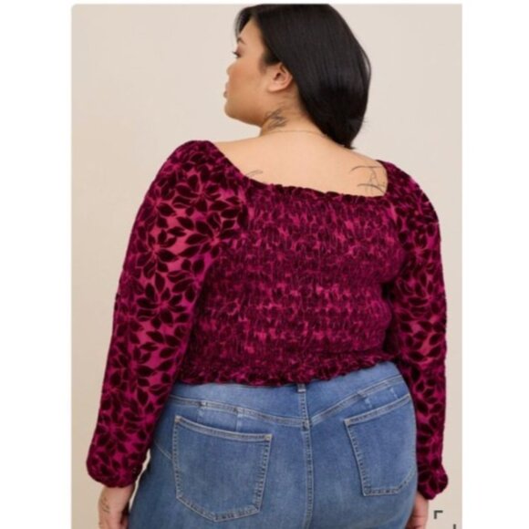 Torrid Womens Size 2x Velvet Smocked Blouson Sleeve Crop Top Burgundy plus - Picture 7 of 14